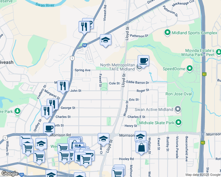 map of restaurants, bars, coffee shops, grocery stores, and more near 12 John Street in Midland