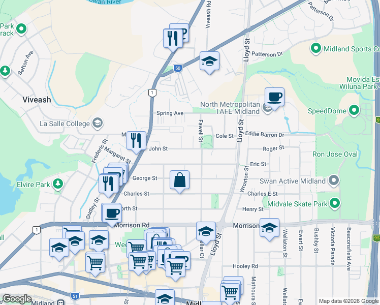 map of restaurants, bars, coffee shops, grocery stores, and more near 29 John Street in Midland