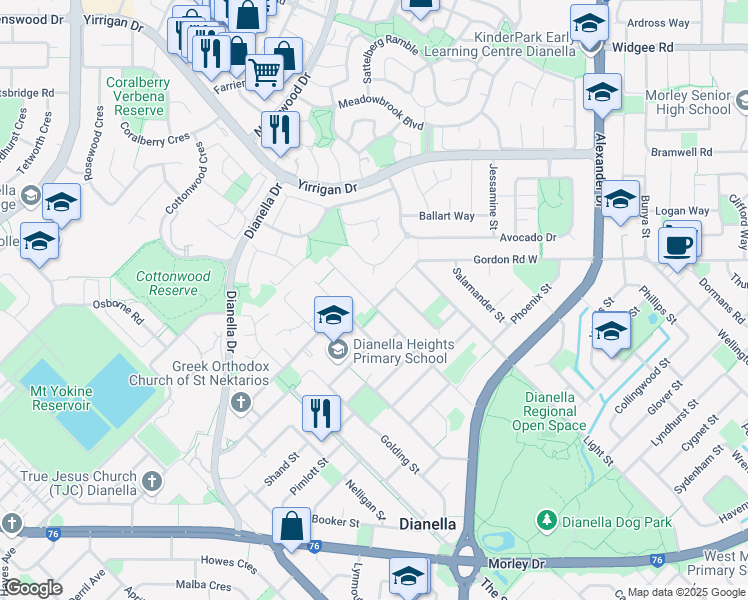 map of restaurants, bars, coffee shops, grocery stores, and more near 60 Shannon Road in Dianella