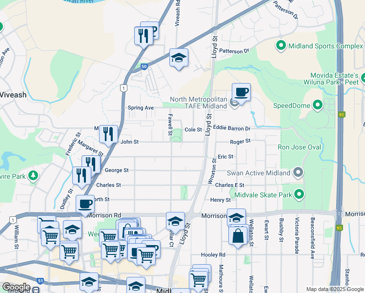 map of restaurants, bars, coffee shops, grocery stores, and more near 11F John Street in Midland