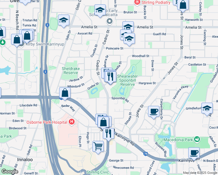 map of restaurants, bars, coffee shops, grocery stores, and more near Cedric Street in Stirling