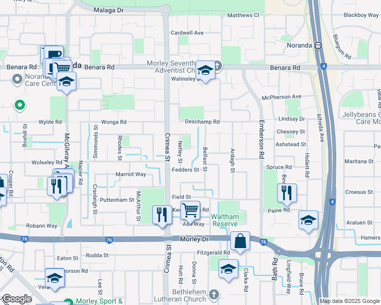 map of restaurants, bars, coffee shops, grocery stores, and more near 38 Farnham Way in Morley