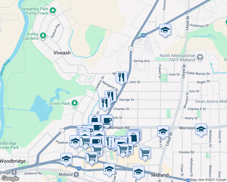 map of restaurants, bars, coffee shops, grocery stores, and more near 44 Dudley Street in Midland