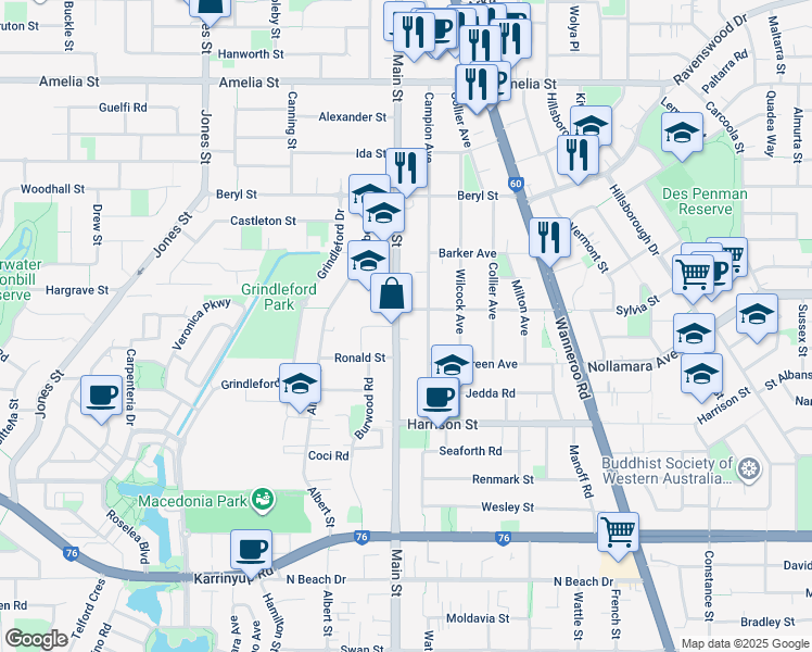 map of restaurants, bars, coffee shops, grocery stores, and more near 374B Main Street in Balcatta