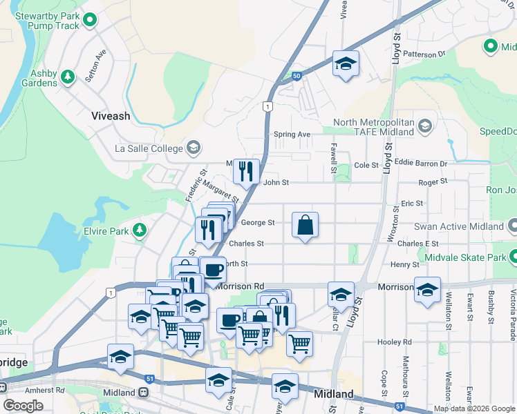 map of restaurants, bars, coffee shops, grocery stores, and more near 45 Margaret Street in Midland
