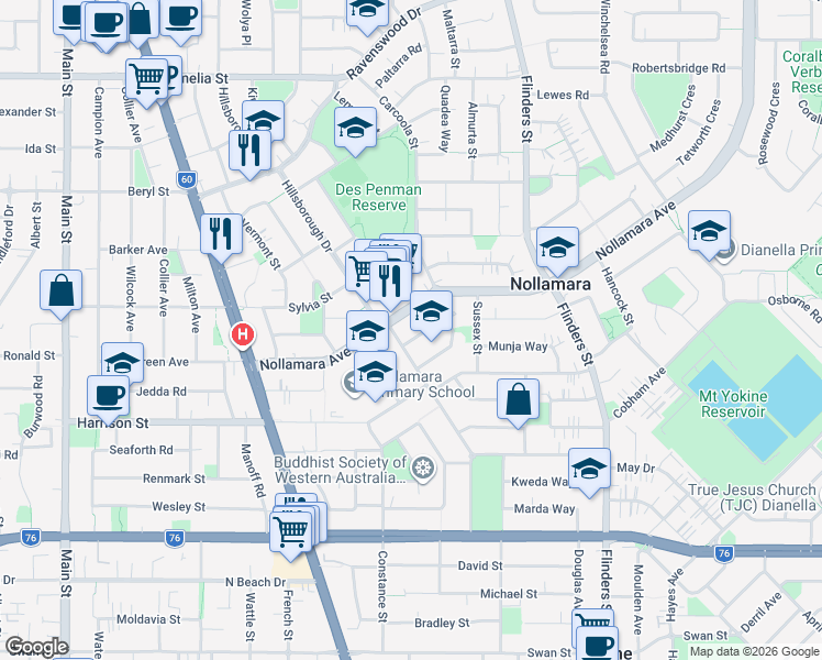 map of restaurants, bars, coffee shops, grocery stores, and more near 5 Myindee Way in Nollamara