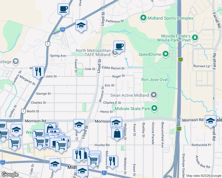map of restaurants, bars, coffee shops, grocery stores, and more near 1 Eric Street in Midland