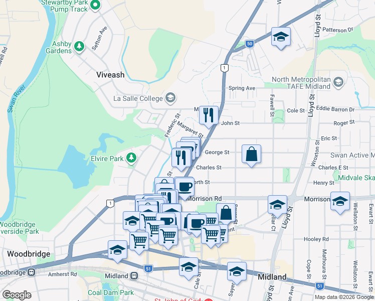 map of restaurants, bars, coffee shops, grocery stores, and more near 32 Dudley Street in Midland