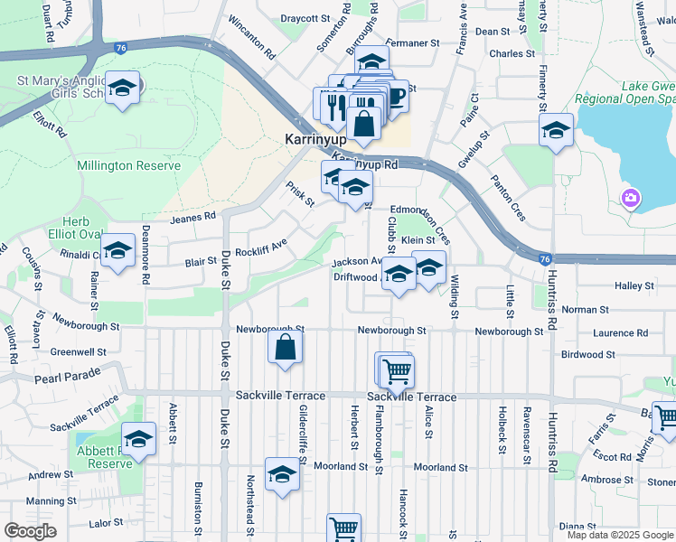 map of restaurants, bars, coffee shops, grocery stores, and more near 66 Grand Promenade in Karrinyup