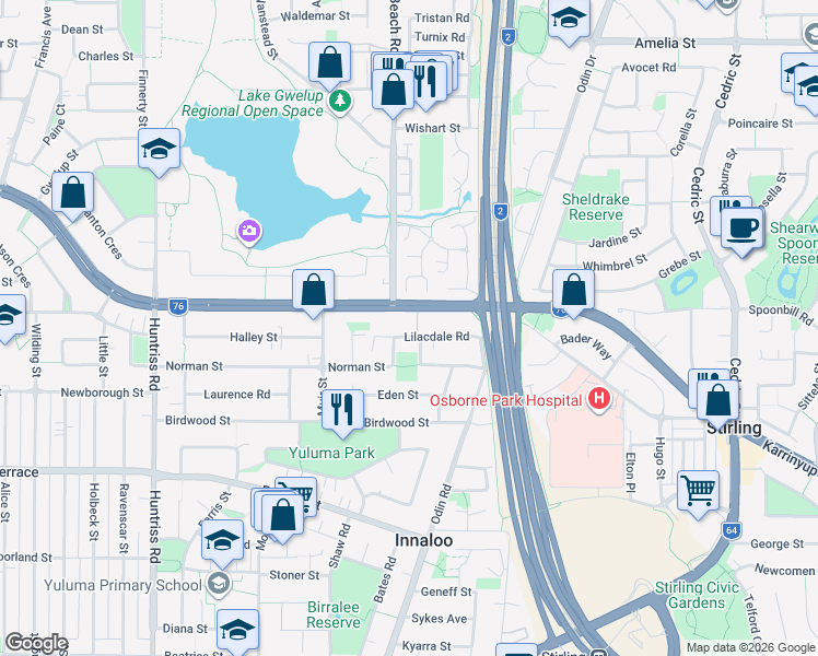 map of restaurants, bars, coffee shops, grocery stores, and more near 16 Lilacdale Road in Innaloo