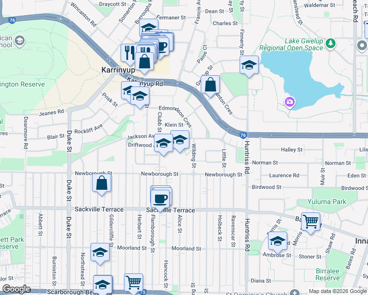 map of restaurants, bars, coffee shops, grocery stores, and more near 95 Wilding Street in Karrinyup