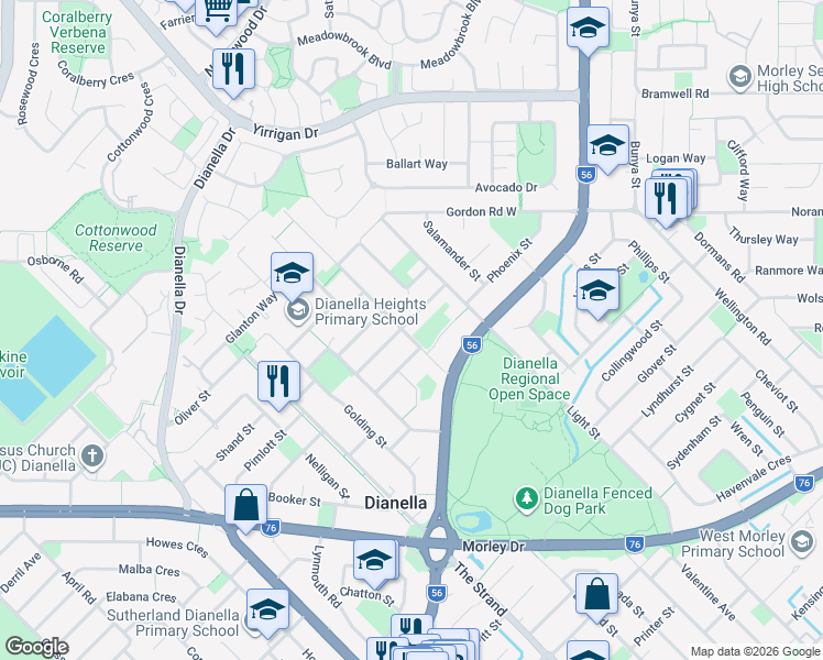 map of restaurants, bars, coffee shops, grocery stores, and more near 18 Shannon Road in Dianella