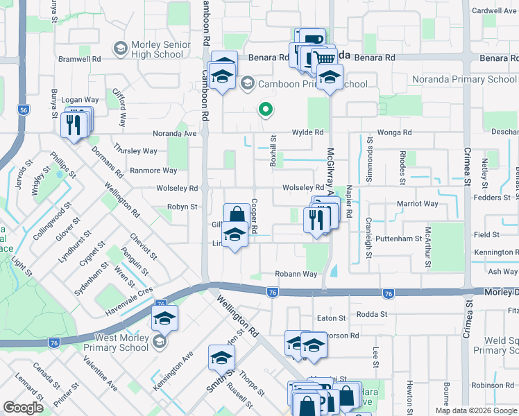 map of restaurants, bars, coffee shops, grocery stores, and more near 20 Cooper Road in Morley