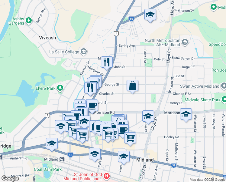 map of restaurants, bars, coffee shops, grocery stores, and more near 46 Charles Street in Midland