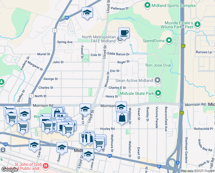 map of restaurants, bars, coffee shops, grocery stores, and more near 18 Wroxton Street in Midland