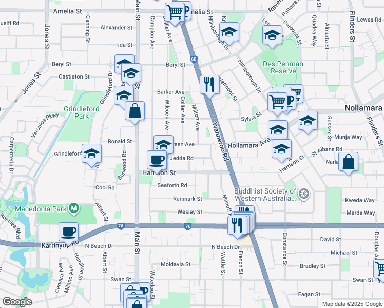 map of restaurants, bars, coffee shops, grocery stores, and more near 31 Jedda Road in Balcatta