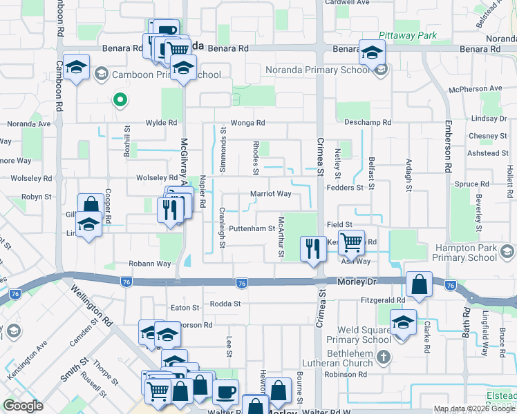map of restaurants, bars, coffee shops, grocery stores, and more near 13 Driscoll Way in Morley