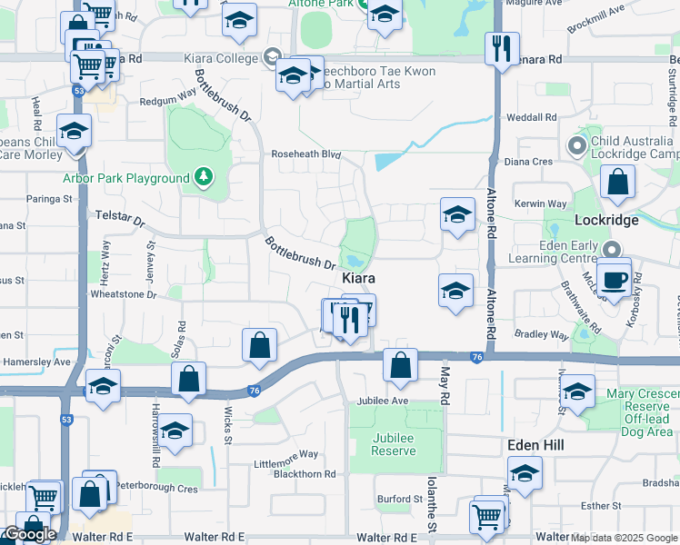 map of restaurants, bars, coffee shops, grocery stores, and more near 109 Bottlebrush Drive in Kiara
