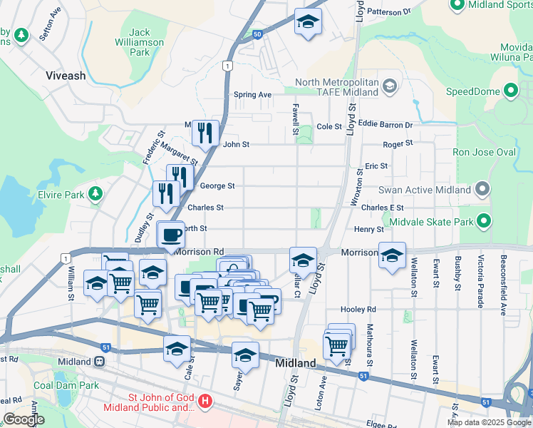map of restaurants, bars, coffee shops, grocery stores, and more near 29 Charles Street in Midland