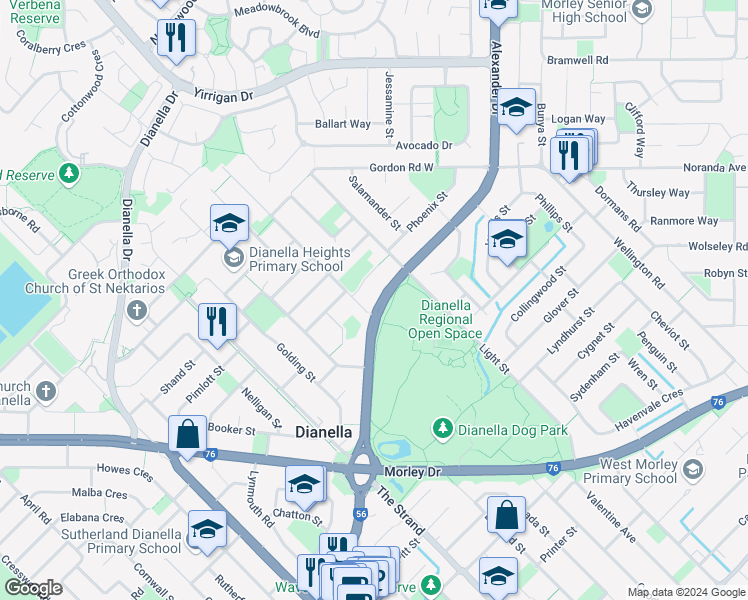 map of restaurants, bars, coffee shops, grocery stores, and more near 265 Alexander Drive in Dianella