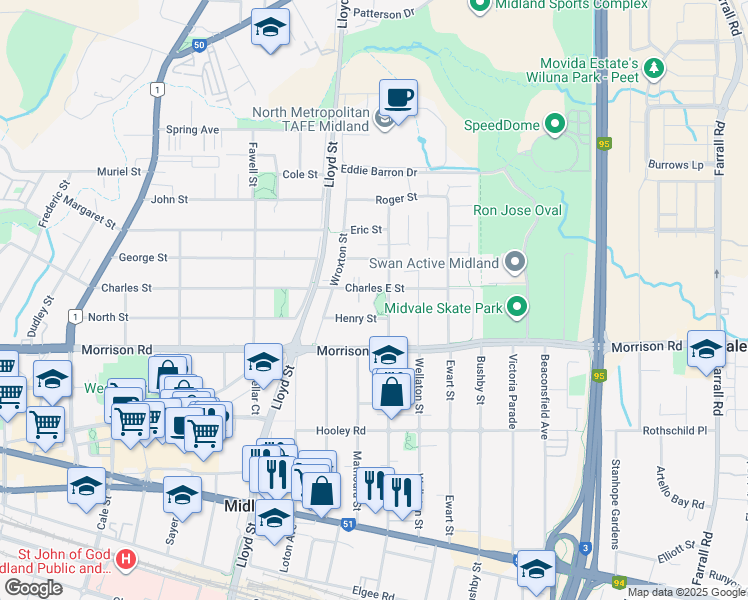 map of restaurants, bars, coffee shops, grocery stores, and more near 4 Warnock Lane in Midland
