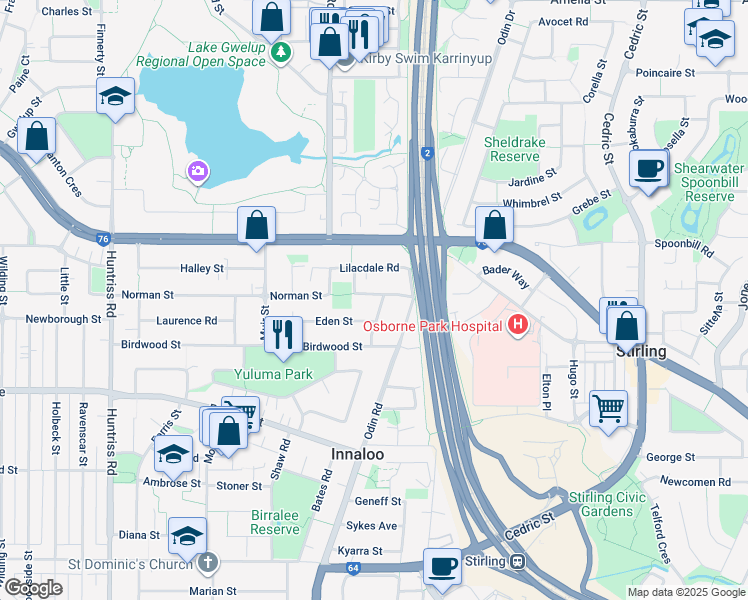 map of restaurants, bars, coffee shops, grocery stores, and more near 16 Penelope Place in Innaloo