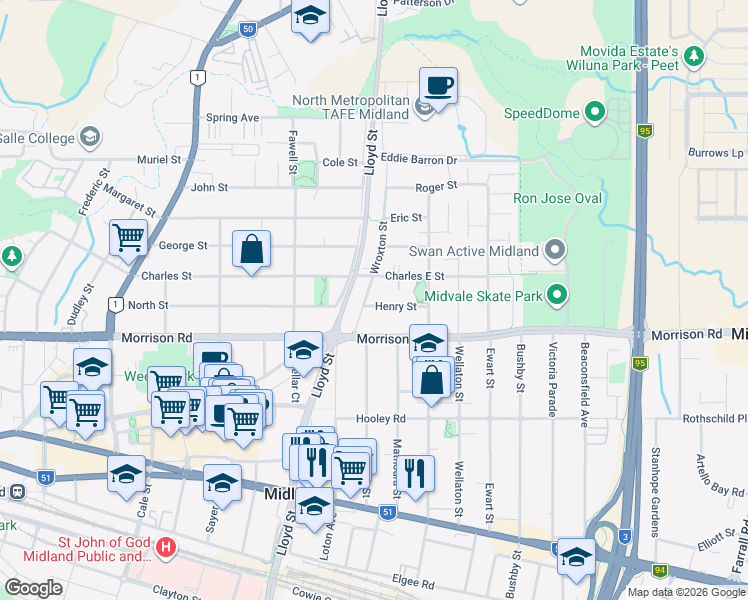 map of restaurants, bars, coffee shops, grocery stores, and more near 18 Henry Street in Midland