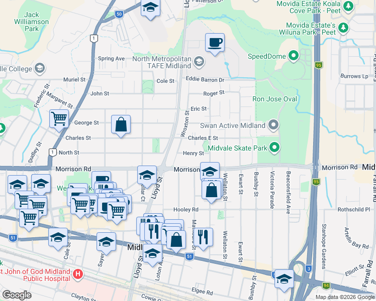 map of restaurants, bars, coffee shops, grocery stores, and more near 12A Henry Street in Midland
