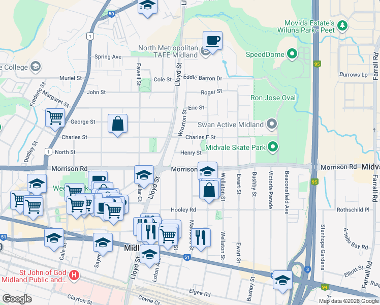 map of restaurants, bars, coffee shops, grocery stores, and more near Henry Street in Midland