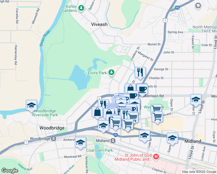 map of restaurants, bars, coffee shops, grocery stores, and more near 11 Elvire Street in Viveash