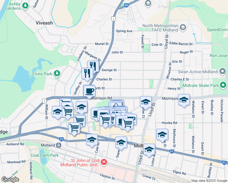 map of restaurants, bars, coffee shops, grocery stores, and more near 23 North Street in Midland