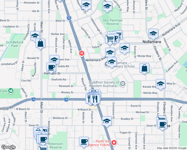 map of restaurants, bars, coffee shops, grocery stores, and more near 80B Harrison Street in Nollamara