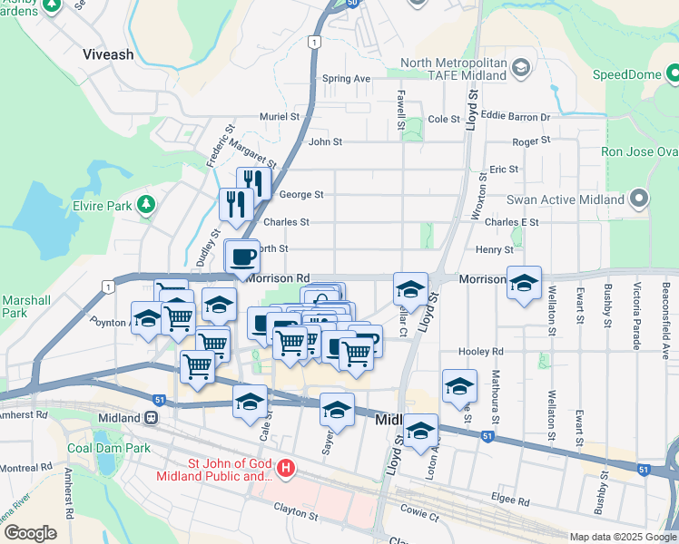 map of restaurants, bars, coffee shops, grocery stores, and more near 56 Sayer Street in Midland