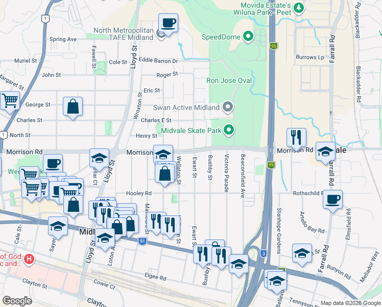 map of restaurants, bars, coffee shops, grocery stores, and more near 57 Ewart Street in Midvale