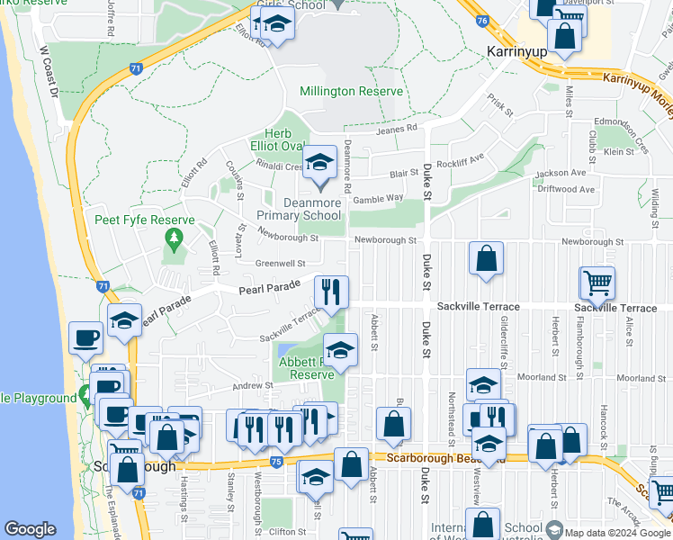 map of restaurants, bars, coffee shops, grocery stores, and more near 47 Deanmore Road in Scarborough