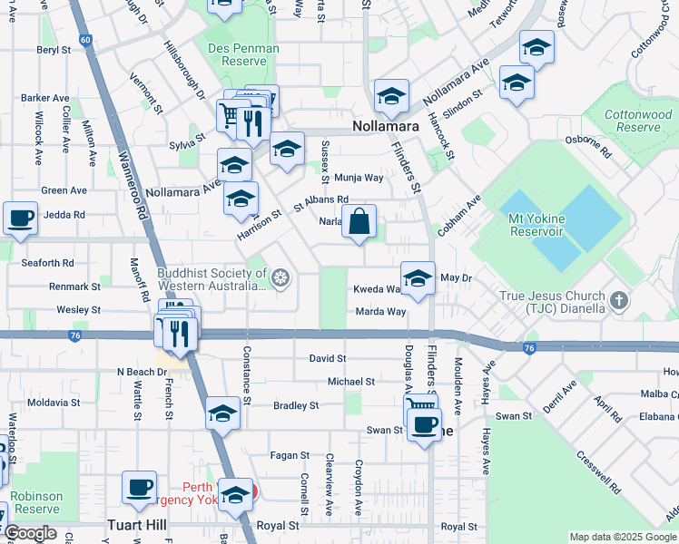 map of restaurants, bars, coffee shops, grocery stores, and more near 13 Woodchester Place in Nollamara