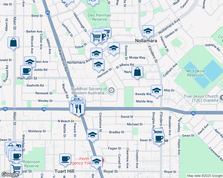 map of restaurants, bars, coffee shops, grocery stores, and more near 24B Nanson Way in Nollamara