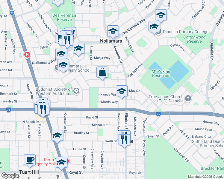 map of restaurants, bars, coffee shops, grocery stores, and more near 32B Woodchester Road in Nollamara