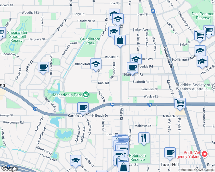 map of restaurants, bars, coffee shops, grocery stores, and more near 19 Burwood Road in Balcatta