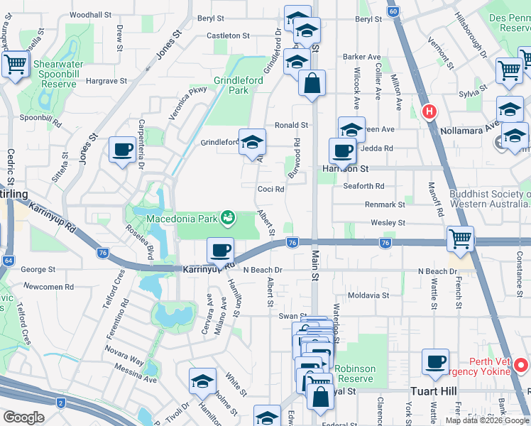 map of restaurants, bars, coffee shops, grocery stores, and more near 272 Albert Street in Balcatta