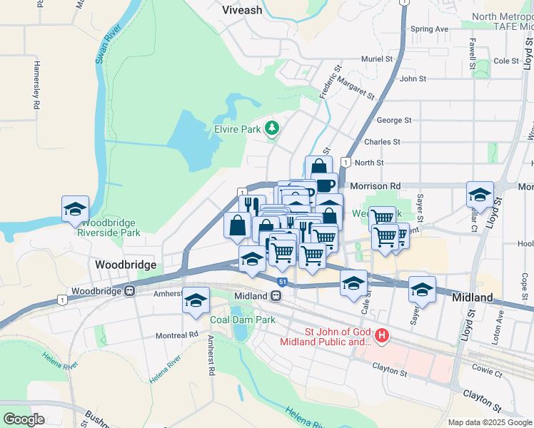 map of restaurants, bars, coffee shops, grocery stores, and more near 22 William Street in Midland