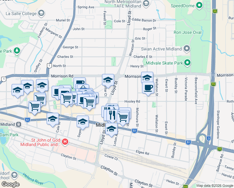 map of restaurants, bars, coffee shops, grocery stores, and more near 63 Loton Avenue in Midland