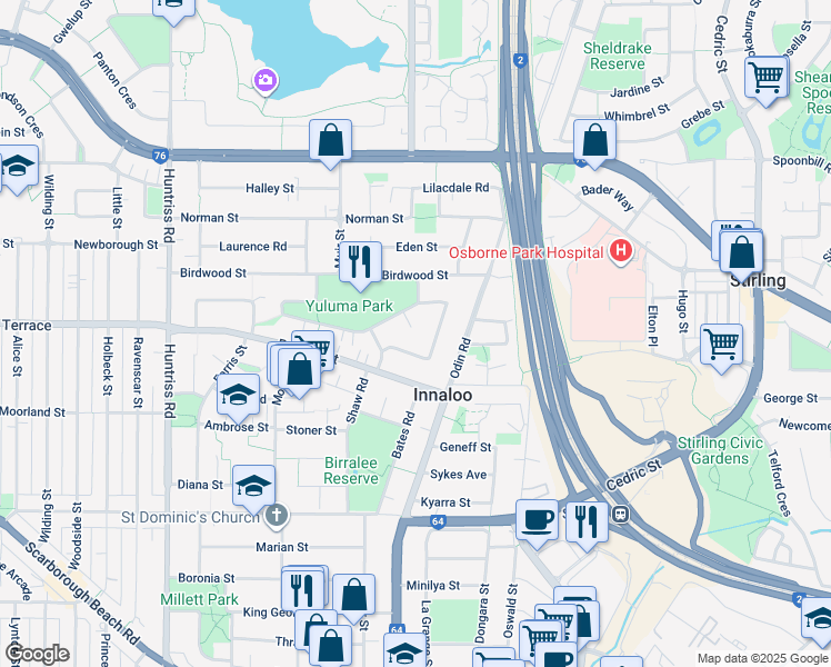 map of restaurants, bars, coffee shops, grocery stores, and more near 4 Langley Place in Innaloo