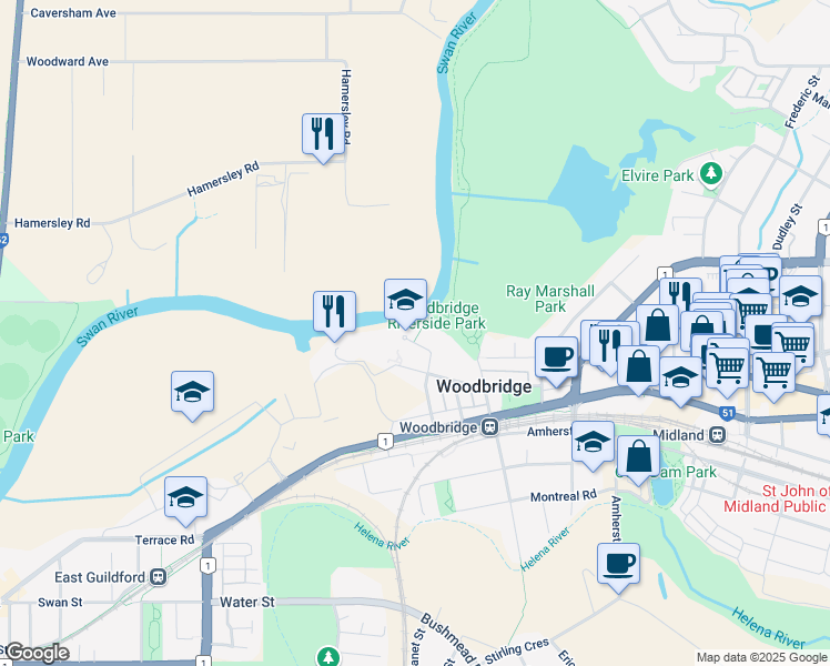 map of restaurants, bars, coffee shops, grocery stores, and more near 30 Third Avenue in Woodbridge