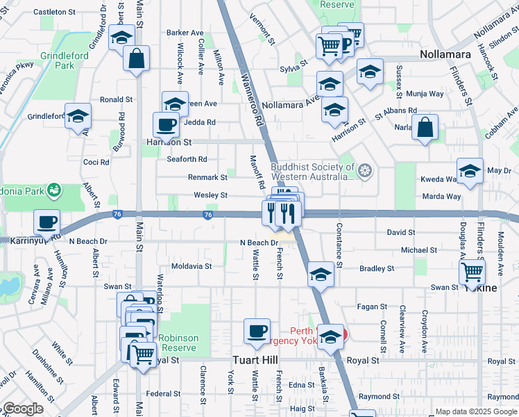 map of restaurants, bars, coffee shops, grocery stores, and more near 73 Morley Drive in Balcatta