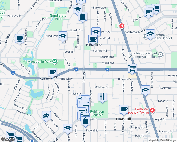 map of restaurants, bars, coffee shops, grocery stores, and more near 10 Morley Drive in Tuart Hill