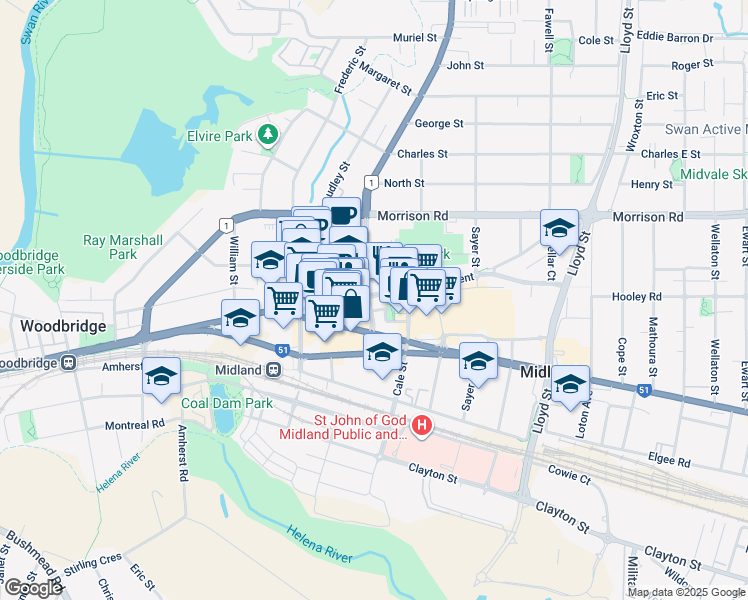 map of restaurants, bars, coffee shops, grocery stores, and more near 12 Keane Street in Midland
