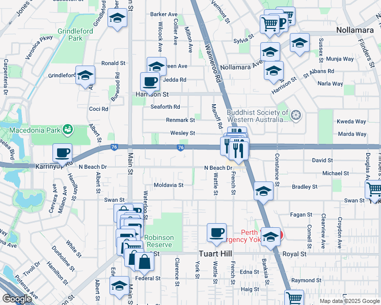 map of restaurants, bars, coffee shops, grocery stores, and more near 52 Morley Drive in Tuart Hill