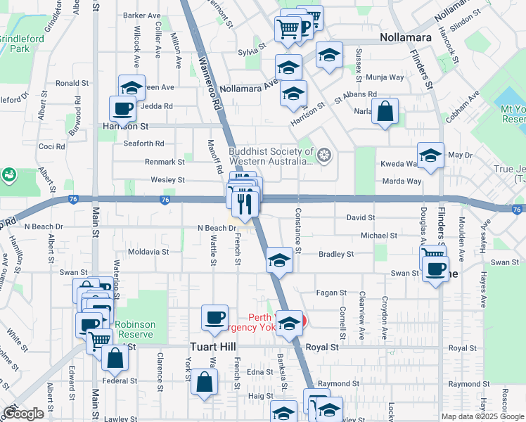 map of restaurants, bars, coffee shops, grocery stores, and more near 8 Kathleen Street in Yokine