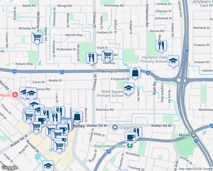 map of restaurants, bars, coffee shops, grocery stores, and more near 8 Donna Street in Morley